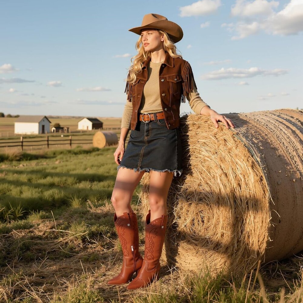 Women's Brown Leather Embroidered Pointed Toe Wide Calf Western Cowgirl Boots - Picture 3 of 7